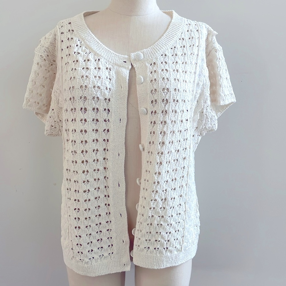 Zara Open Knit Sweater Romantic Cream Large Lace Detail Short Sleeve